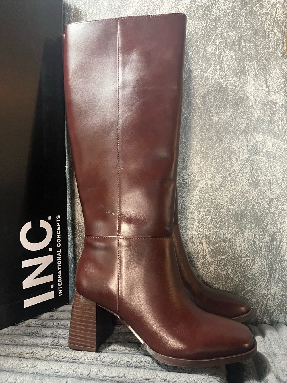 INC International Concepts Women's Brown Leather Knee-High Block Heel Boots